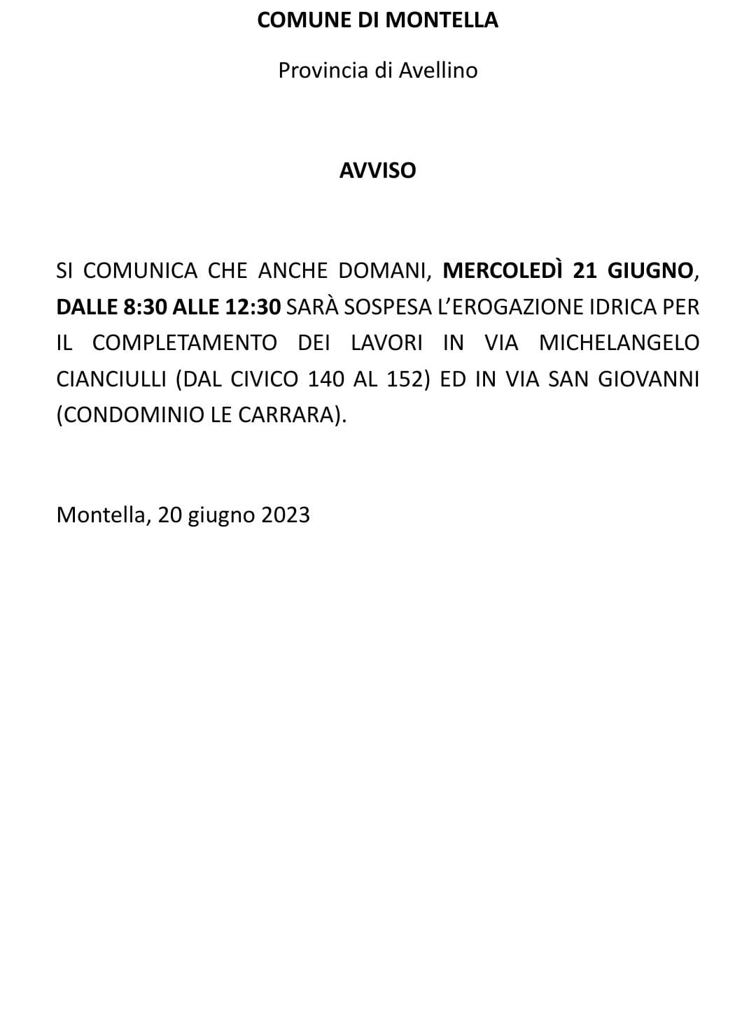 Sospensione erogazione idrica Via M. Cianciulli (140-152) e condominio Le Carrara